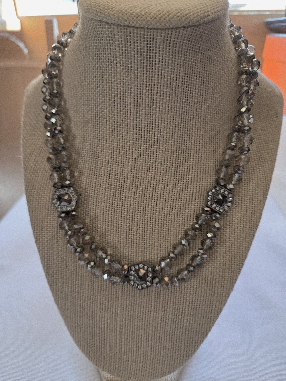 Crystal Bead Double Strand Necklace - Smoky Gray